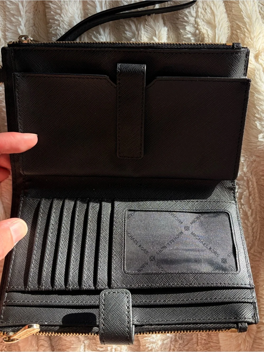 Michael Kors Black Leather Wristlet with Gold Logo